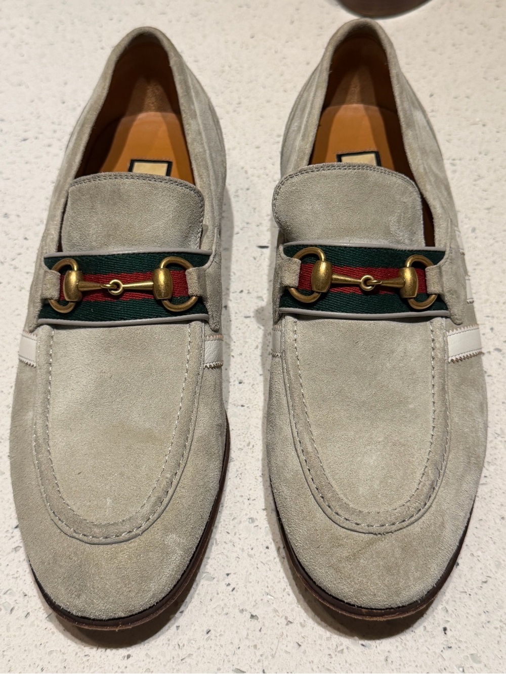 Gucci Men's Suede Horsebit Loafers in Light Gray with Green-Red Web
